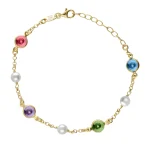 Pulseira Solene com pérola e cristais multicoloridos em prata banhada a ouro