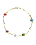 Pulseira Solene com pérola e cristais multicoloridos em prata banhada a ouro